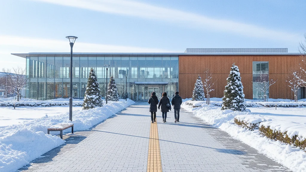 冬の公共施設のアプローチ。歩道の雪はとけ、両脇の植栽には雪が残っている様子